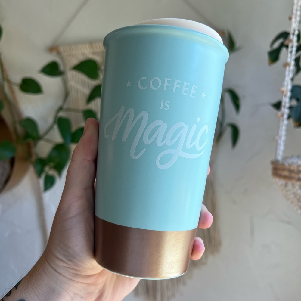 Starbucks “Coffee Is Magic” Ceramic Travel Mug Tumbler Gold Base, Collectible
